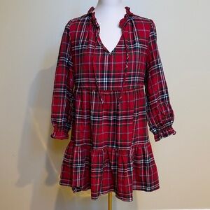 Day + Moon Red Plaid Tiered Babydoll Dress Ruffle Neck Long Sleeve Cotton M